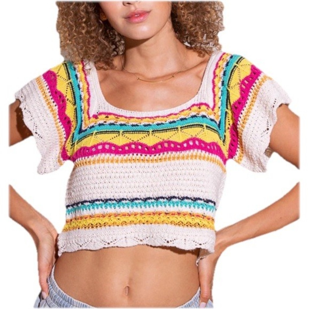 POL‎ Striped Crochet Cropped Top Cream Yellow Pink Turquoise Women's Size Large